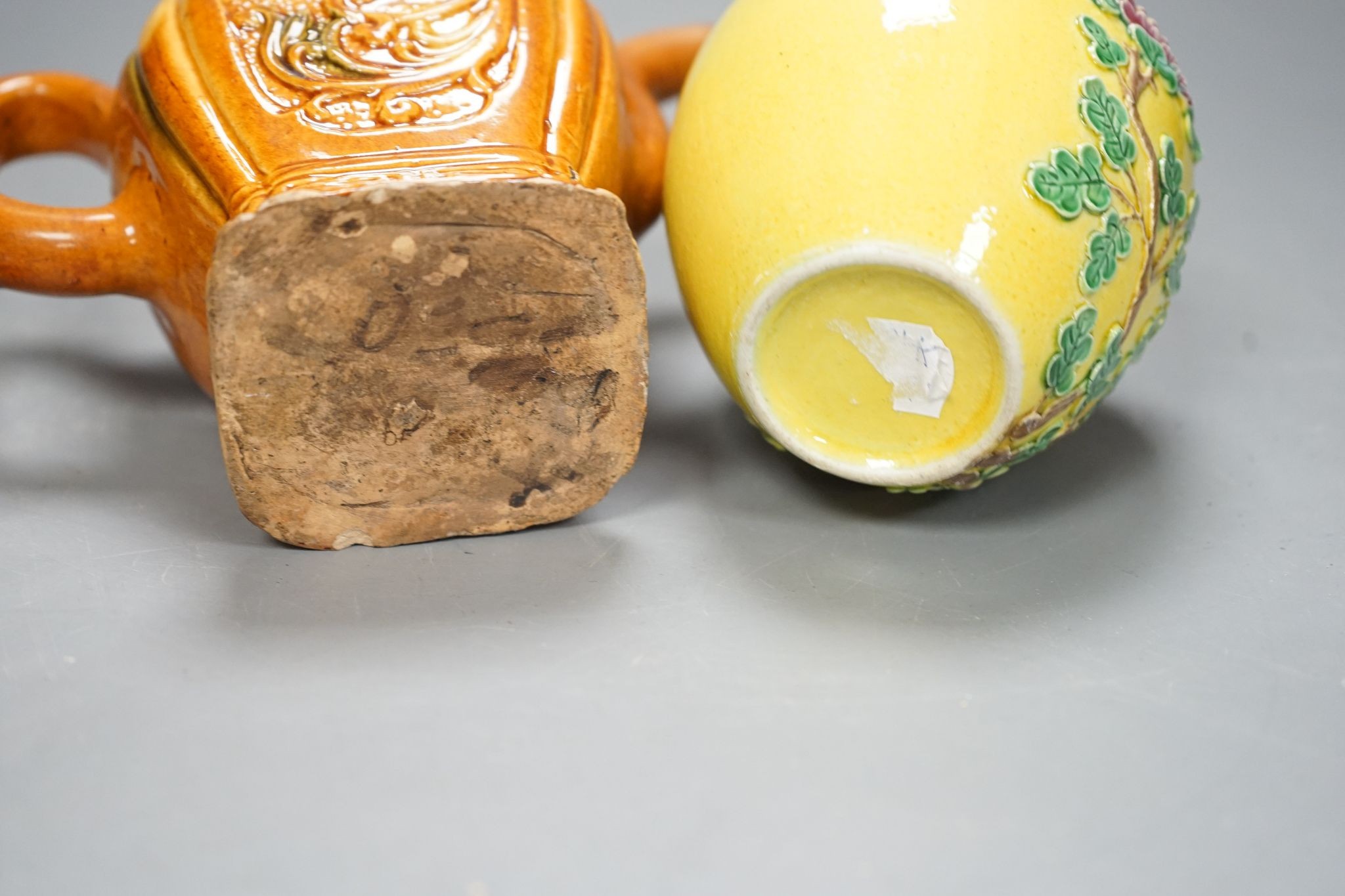 A Chinese enamelled yellow-ground jar and cover, a pottery teapot and cover and a flambe vase, latter 13cm